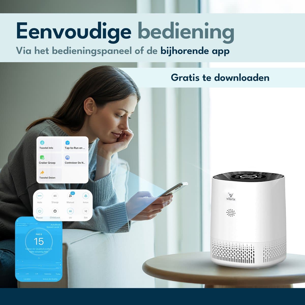 Vibrix PureFlow15 Luchtreiniger / Air Purifier – HEPA H13 + koolstoffilter – 100 m³/u – Voor kamers tot 15 m² – Ionisator – App-bediening – Zeer stil met slaapstand – Luchtkwaliteitindicator thumbnail 8