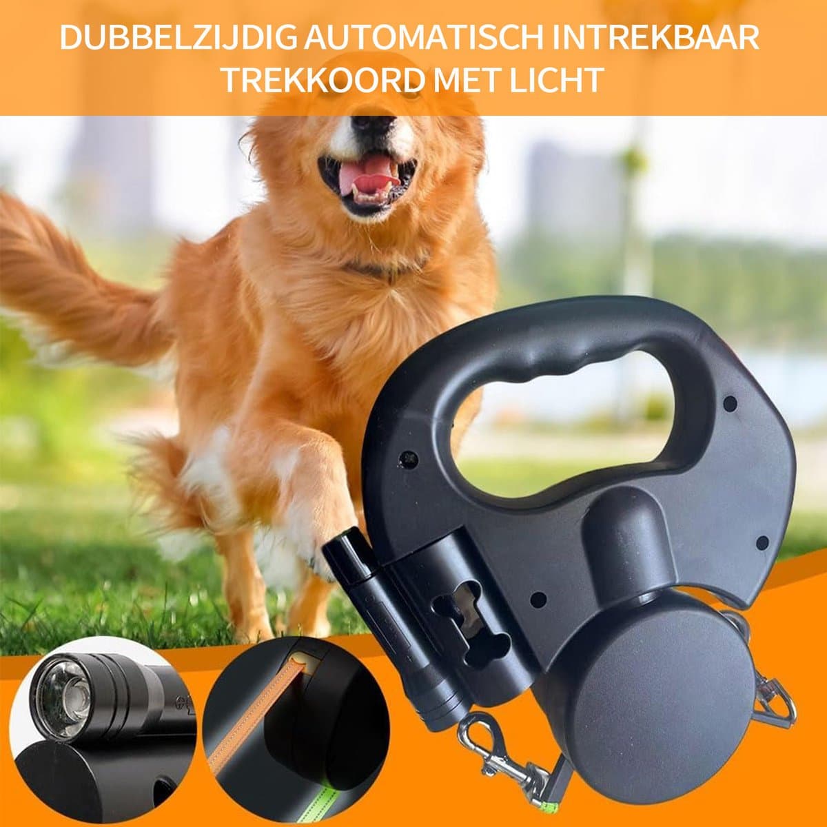 MAGICSHE Dubbele Hondenriem Voor 2 Honden - Intrekbare Dubbele Lijn Met Led Licht - Hondenlijn 3 Meter - Ergonomische Handgreep - Draaibaar - Vuilniszakvak Zwart thumbnail 6