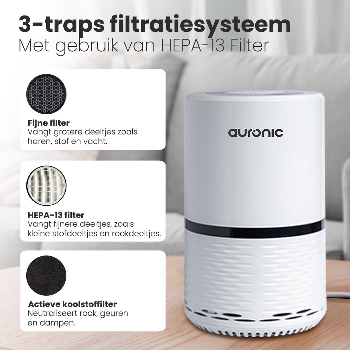 Auronic Luchtreiniger - 12 m² - Air Purifier met HEPA Filter - Verwijdert 99,97% - 25W - 3 Standen - Wit thumbnail 5