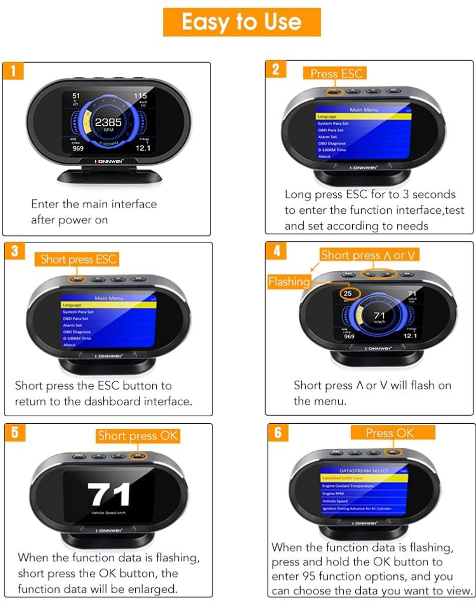 KONNWEI KW206 OBD2 HUD boordcomputer – digitale snelheidsmeter, toerenteller & foutcode uitlezer – universeel benzine/diesel thumbnail 8