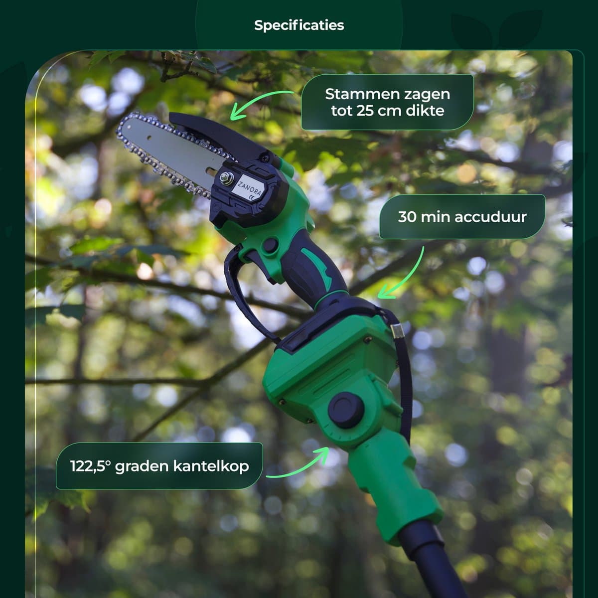 Zanora® Garden - Telescopische Kettingzaag - 15 cm Zaagblad - 130 tot 250 cm Bereik - Voor Hoge Takken thumbnail 4