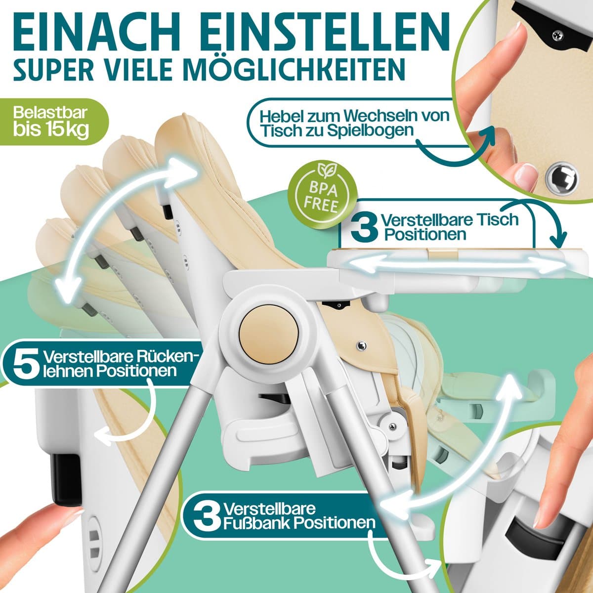 KIDIZ® 3in1 kinderstoel incl. speelbar, Eetstoel, Babystoel, combinatie kinderstoel, 7 in hoogte verstelbare rugleuning, meegroei van 0 maanden tot 6 jaar - Beige thumbnail 7