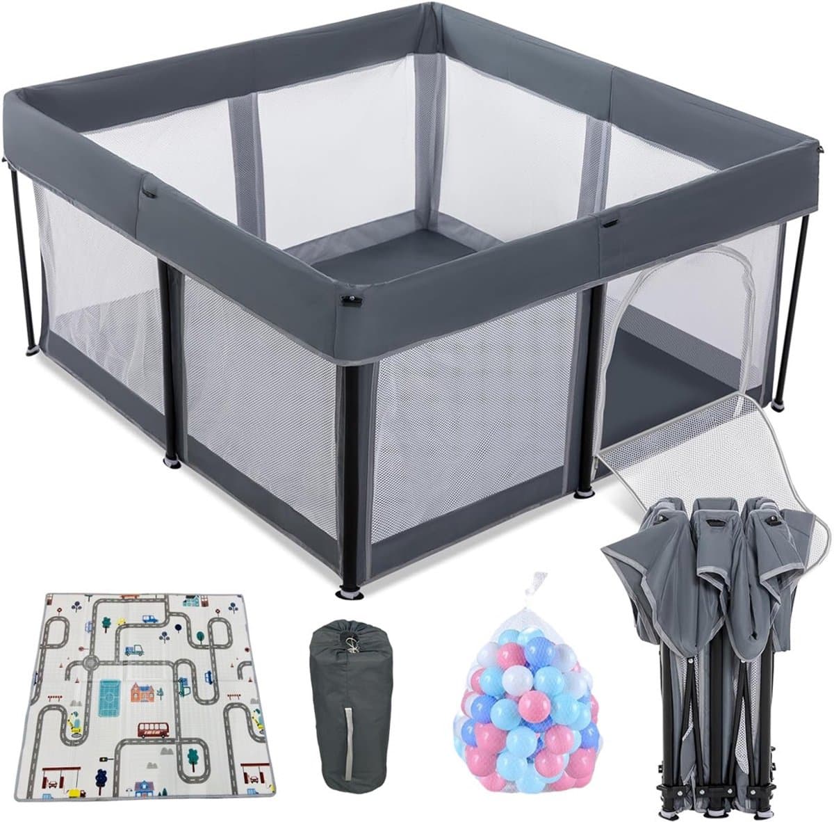 Grondbox inklapbare speelbox grijs - 125x125x65 cm - 50 ballen