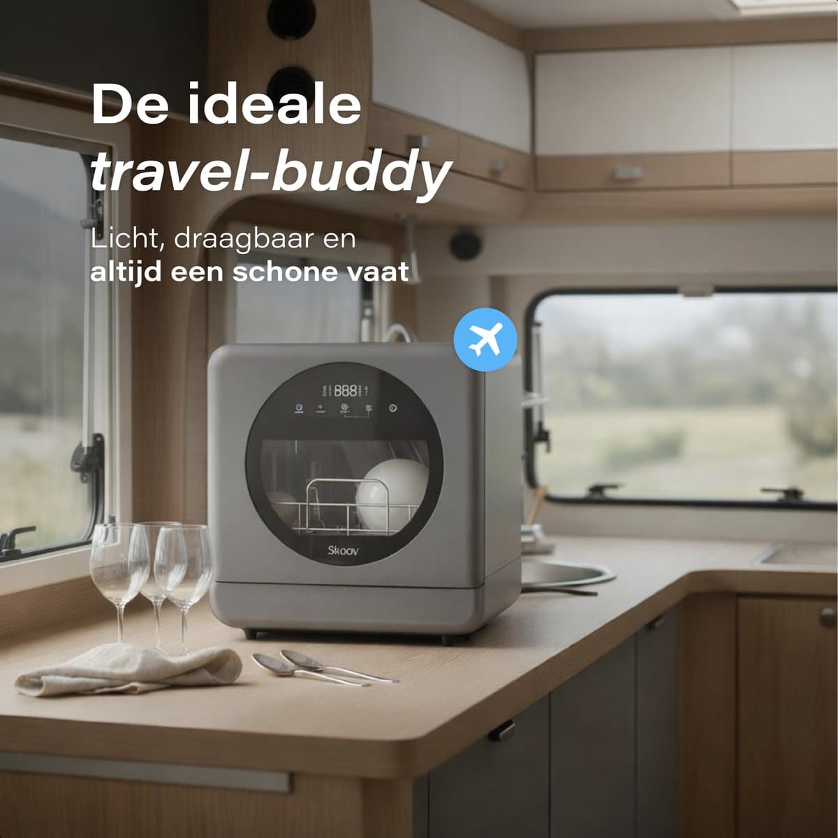 Skoov Mini Vaatwasser met waterreservoir - 5 couverts - 7 wasprogramma's - Kleine smalle vrijstaande afwasmachine - Camping - Grijs thumbnail 6