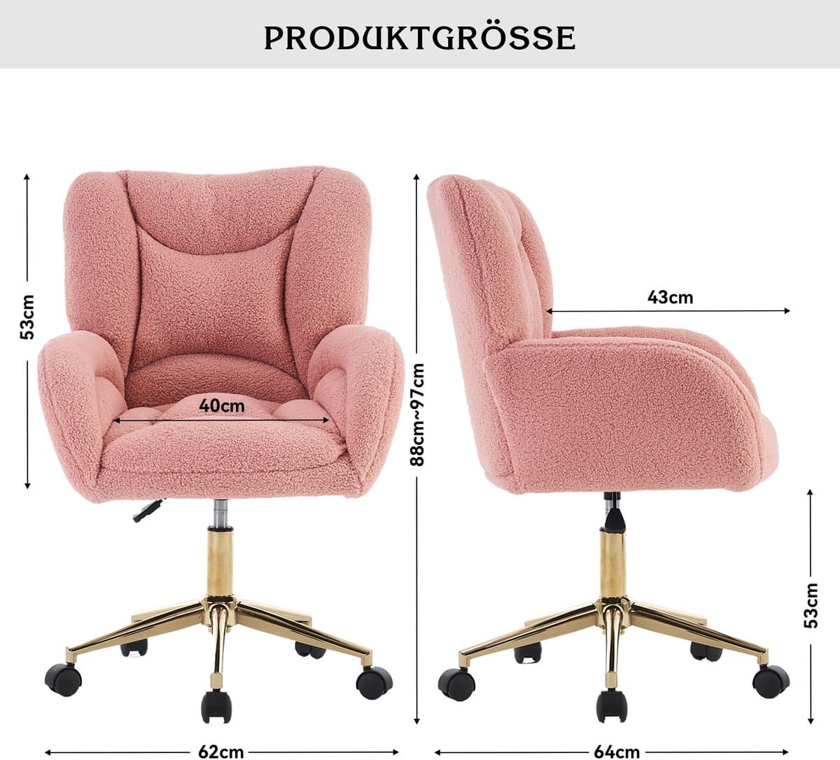 STILVORA Bureaustoel – Draaibare Kantoorstoel – Hoogteverstelbaar Met Gouden Poten – Ergonomische Comfortabele Zitting Voor Home-Office En Thuiswerk – Teddy Stof – Roze thumbnail 3