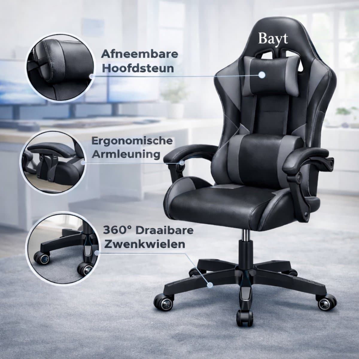 Bayt Gamestoel - Gaming Chair - Gamingstoel - Ergonomische Bureaustoel - Zwart - Verstelbaar thumbnail 6