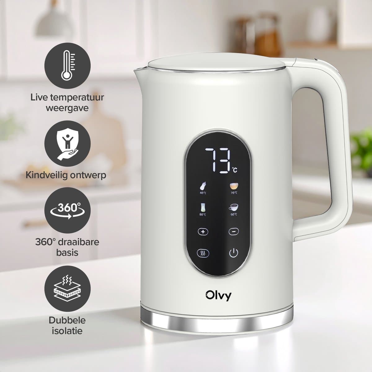 Olvy Waterkoker met Temperatuurregeling - Crème - Warmhoudfunctie - RVS - Dubbelwandig - Elektrisch - 1.7 Liter - 2200W thumbnail 2
