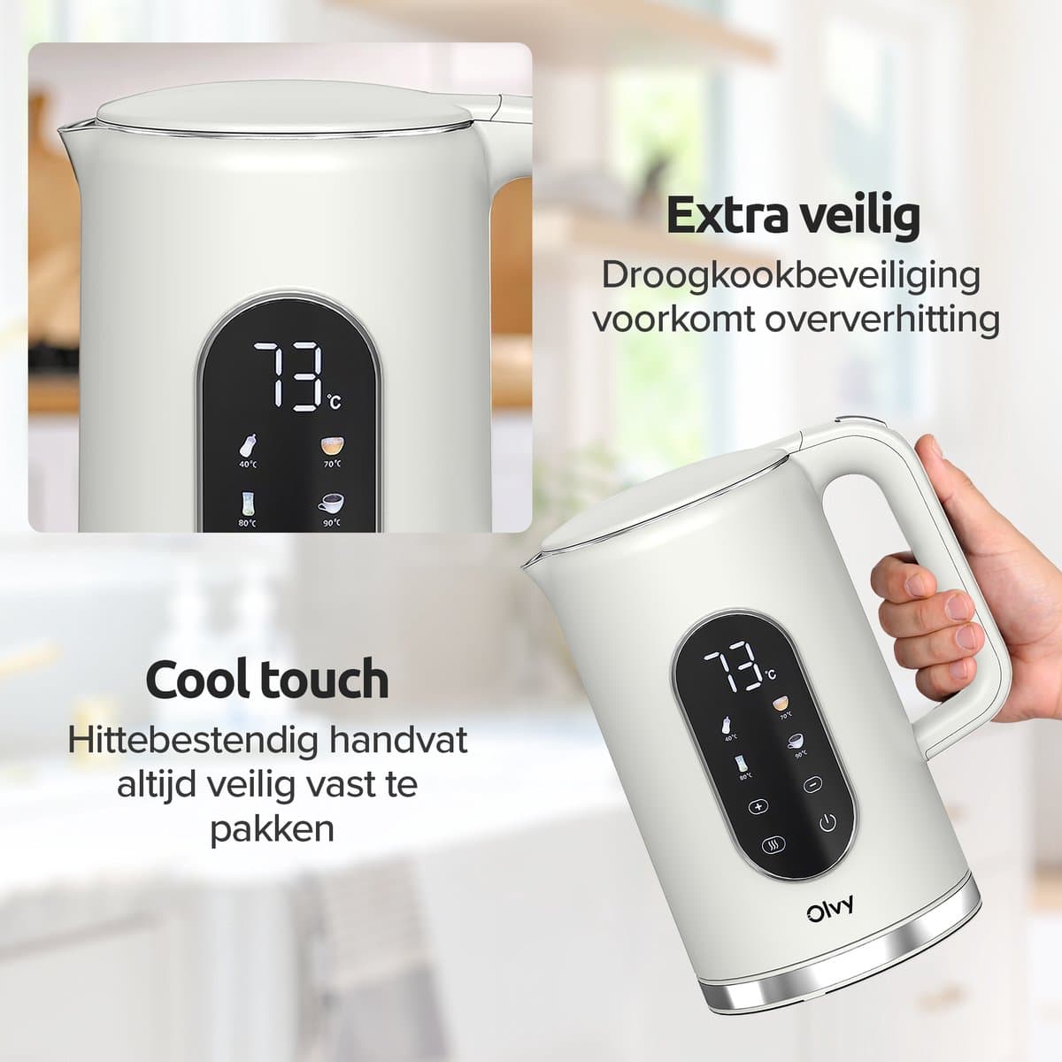 Olvy Waterkoker met Temperatuurregeling - Crème - Warmhoudfunctie - RVS - Dubbelwandig - Elektrisch - 1.7 Liter - 2200W thumbnail 6