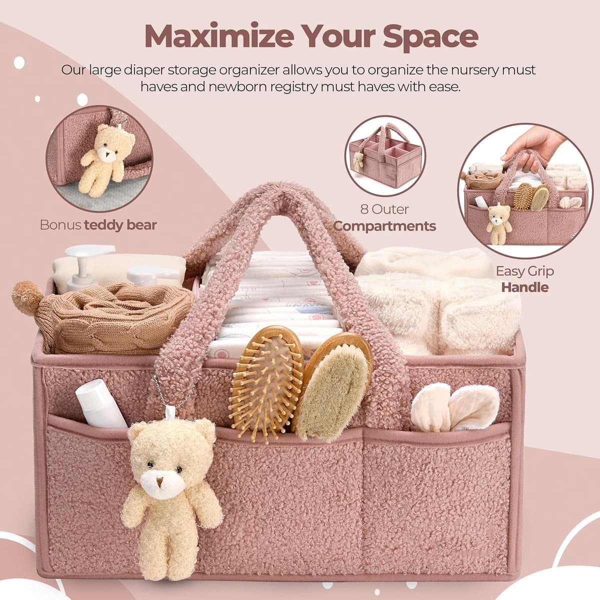 Luiertas - Luiermand - Luiermandje - Speelgoedmand - Luiermand voor Babykameraccessoires - Luier Organizer -Zwangerschapscadeaus -Met handvat- Opbergmand voor babyluiers en doekjes - Organizerr - Kraamcadeau -roze thumbnail 2