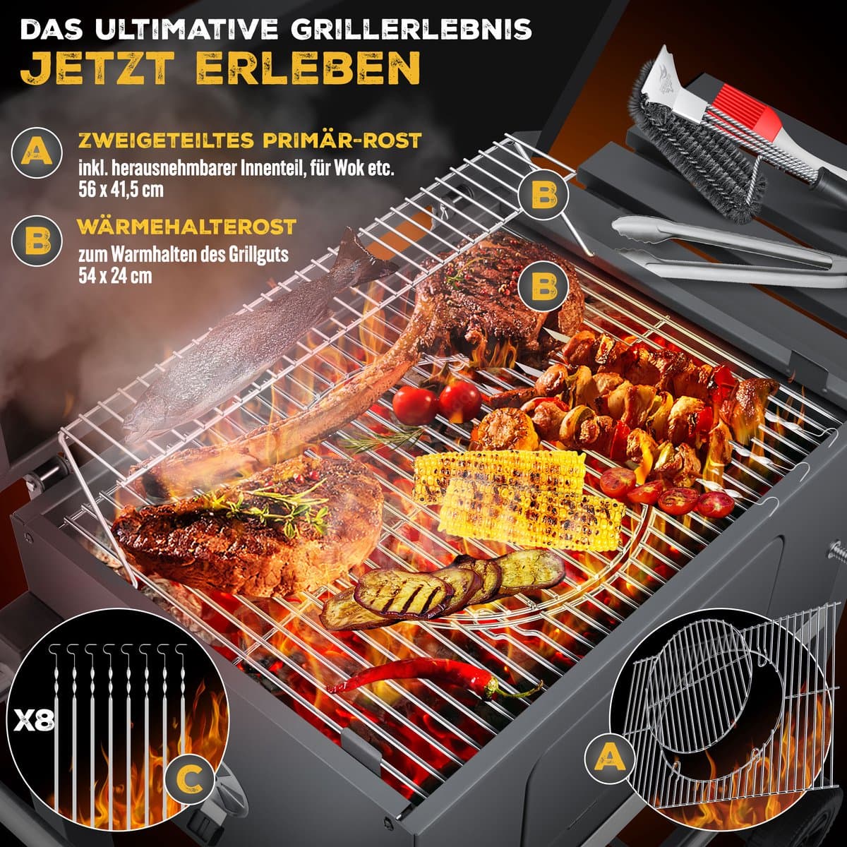 KESSER® Houtskoolbarbecue XL Barbeque Houtskool met Deksel, Wielen, Afdekkap, Roestvrij Stalen Handvat, Barbecuerooster en Thermometer, 8 Spiesen met Zakje & siliconen Borstel, grote BBQ Camping Terras Tuin thumbnail 6