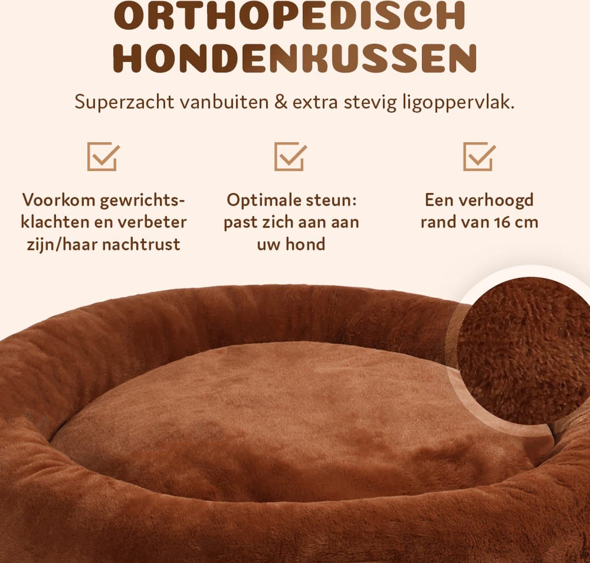 Pet Perfect Orthopedische Hondenmand – Donut Hondenmand – Hondenkussen – Hondenbed – Wasbaar - 80 cm - Bruin thumbnail 6