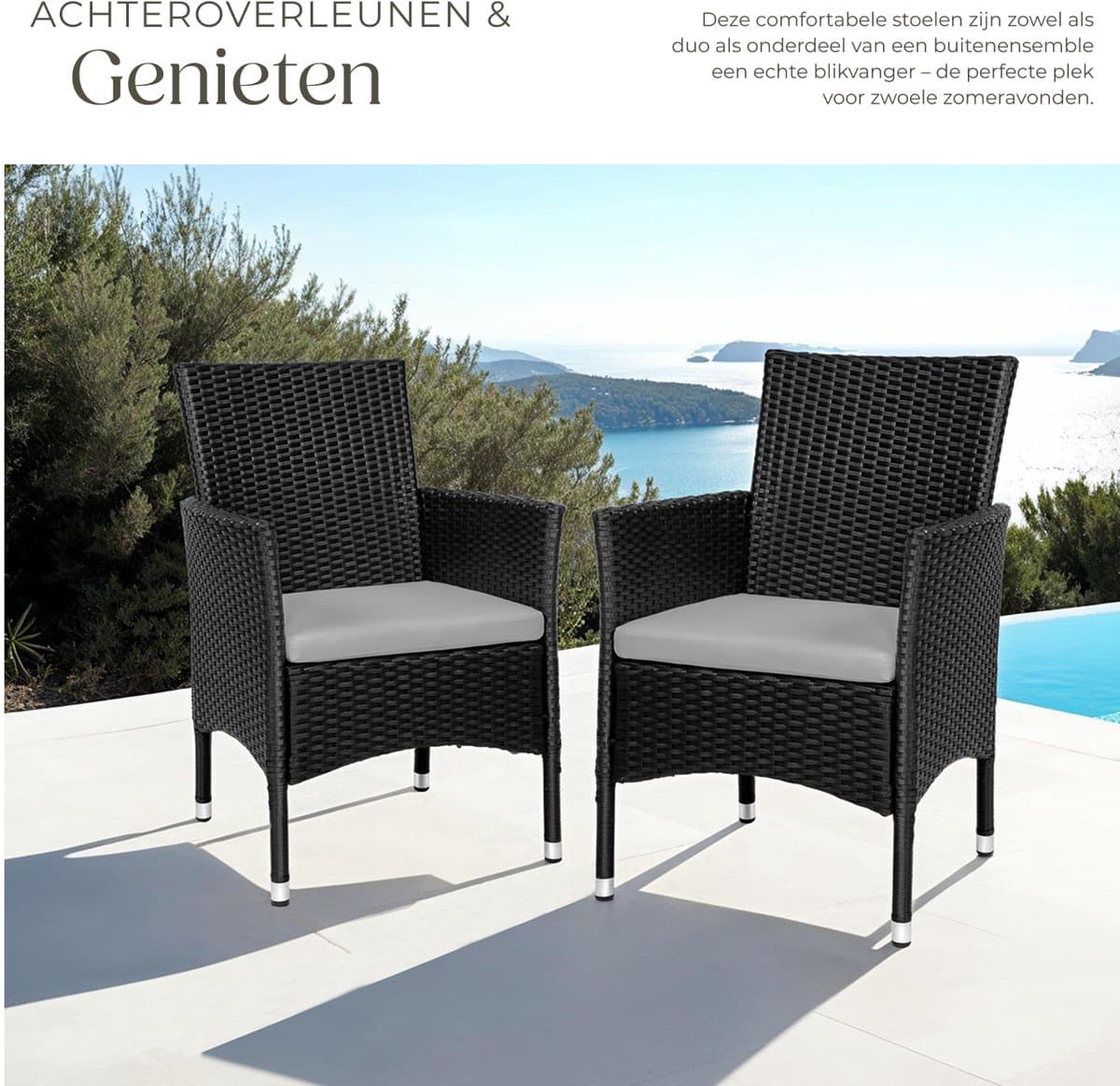 tectake® - Wicker tuinstoelen - Set van 2 - UV-bestendig - Stalen frame - Regenbestendige afneembare hoezen in 2 twee kleuren - Voor terras of balkon - zwart thumbnail 7