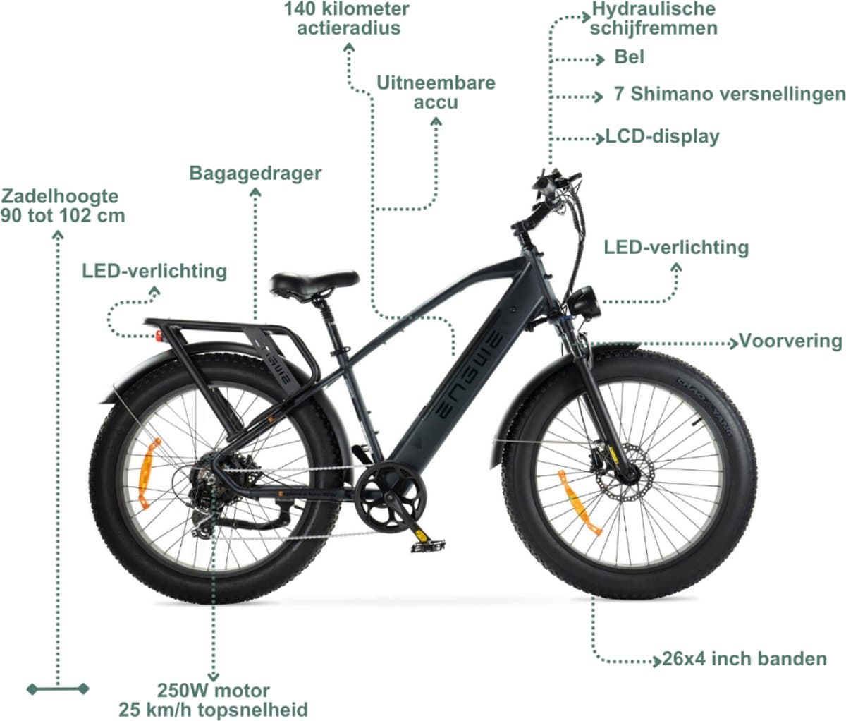 ENGWE E26 Elektrische Fatbike - E-bike - Hoge Instap - 26 Inch - 250W Motor - 7 Versnellingen - 140 km Actieradius - Hydraulische Schijfremmen - Zwart thumbnail 7