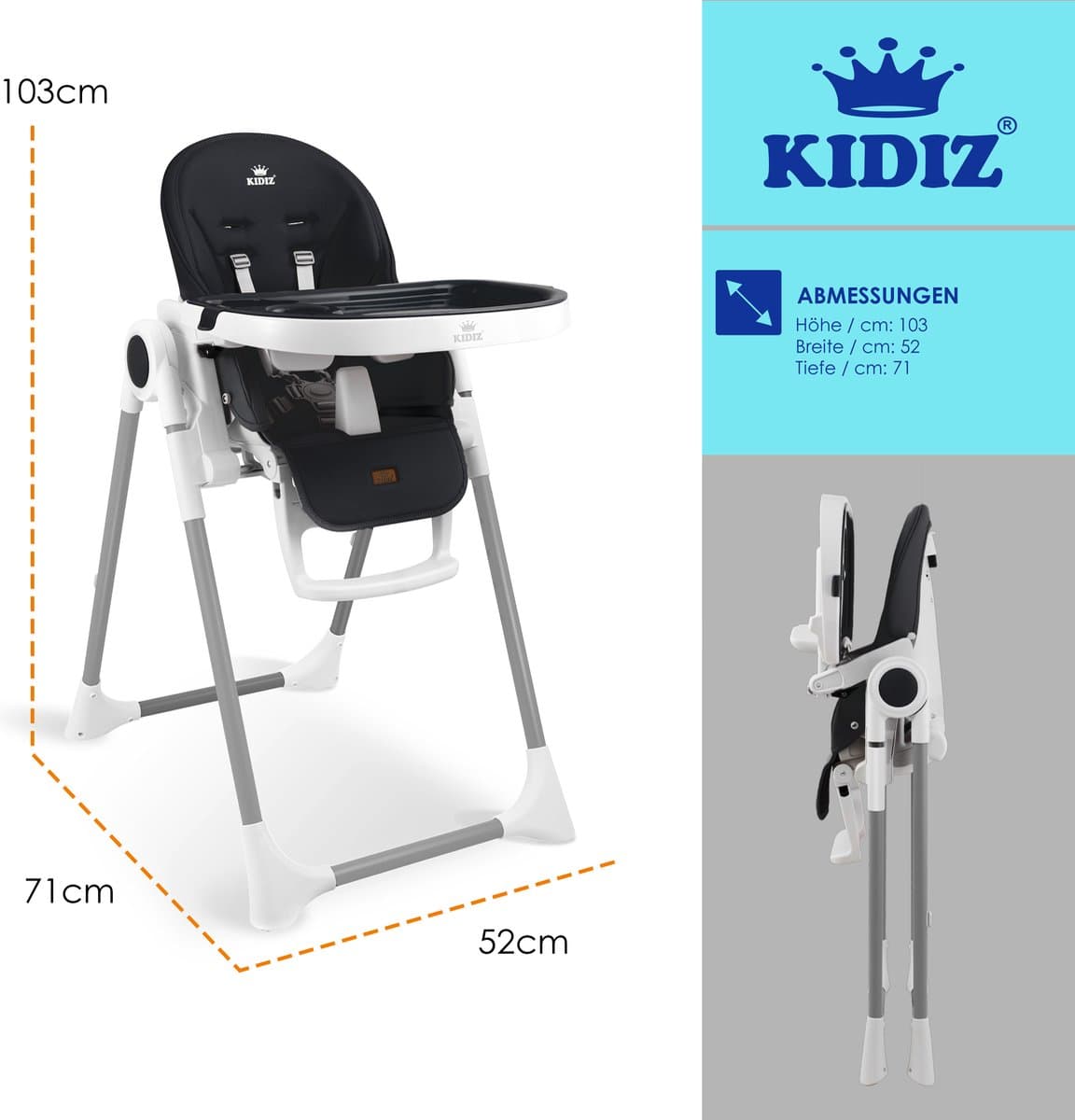 KIDIZ® 3in1 kinderstoel incl. speelbar, Eetstoel, Babystoel, combinatie kinderstoel, 7 in hoogte verstelbare rugleuning, meegroei van 0 maanden tot 6 jaar - Zwart thumbnail 8