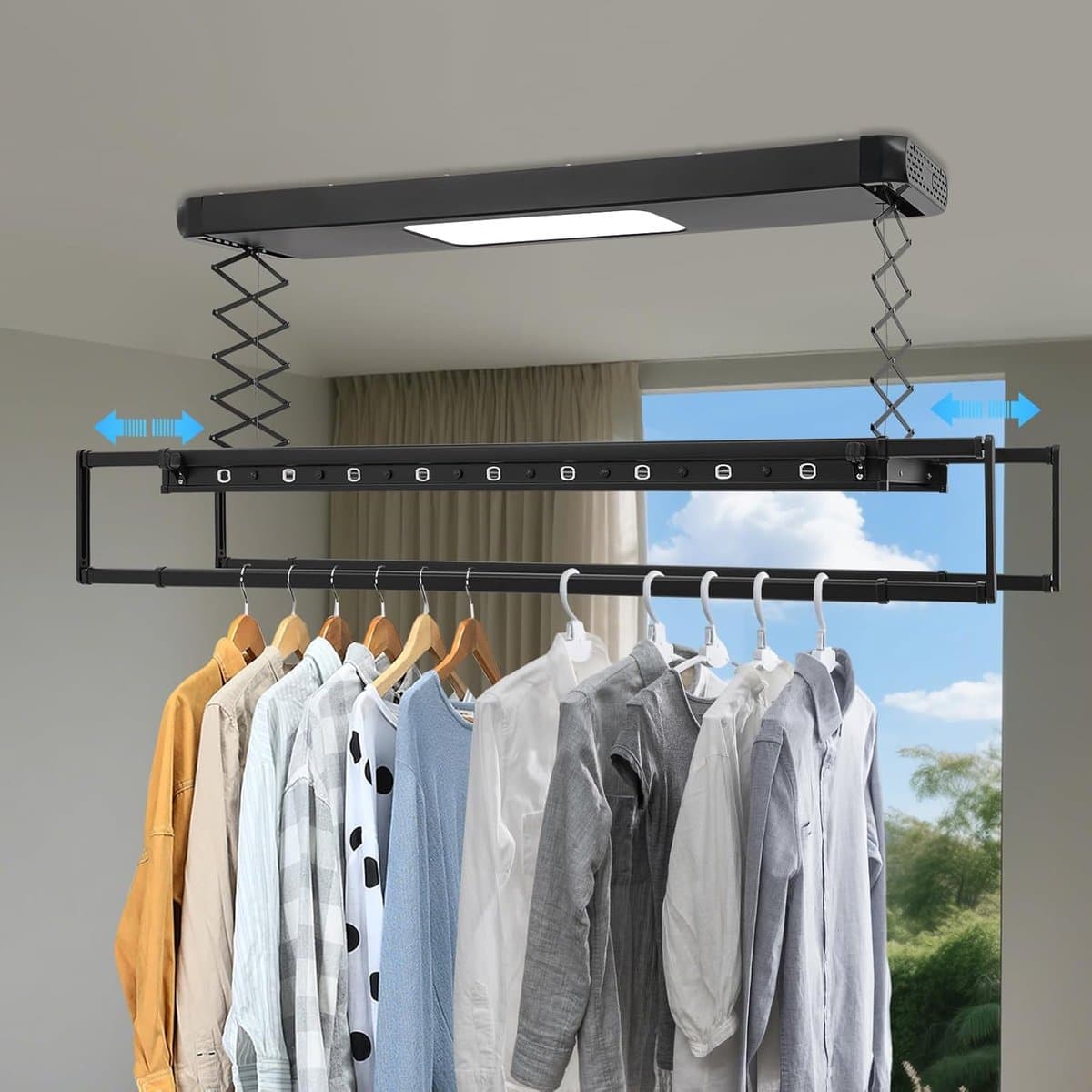 Elektrisch Droogrek - Plafond Drooglift - Kleding Drogen - Afstandsbediening Bediening - 35 kg Draagvermogen - Zwart thumbnail 6