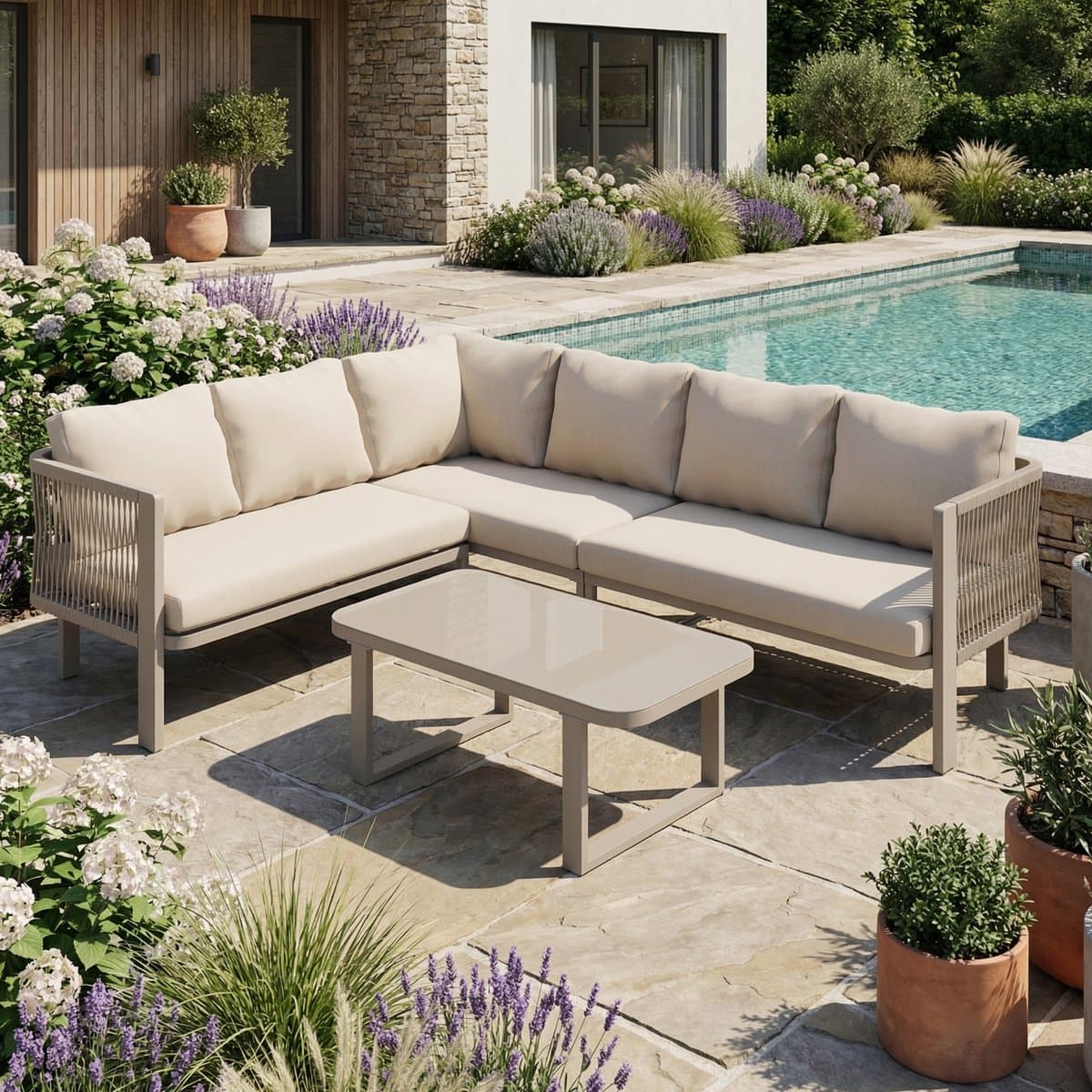 Gutent Hoek Loungesets - 6 Personen - Verzinkt Staal - Glazen Tafelblad - Teslin Touw - Incl Eettafel Bank Stoelen - Khaki thumbnail 2