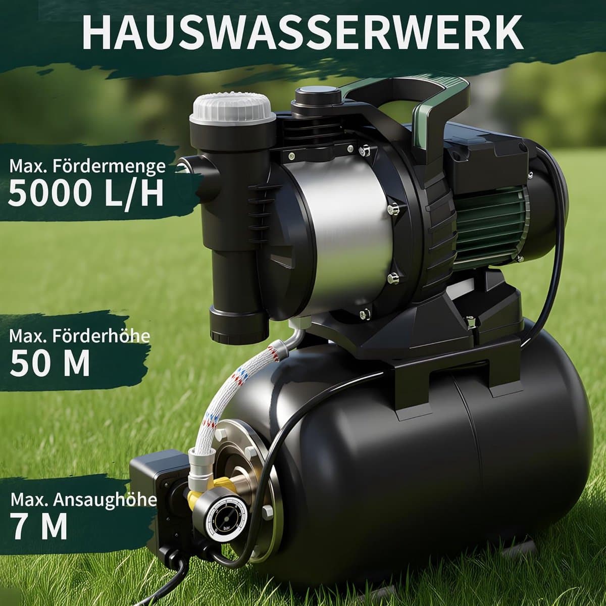 Huiswaterinstallatie - Dompelpomp - Tuin Sproeien - Roestvrij Staal - 5000 l/u - Zwart Zilver thumbnail 4