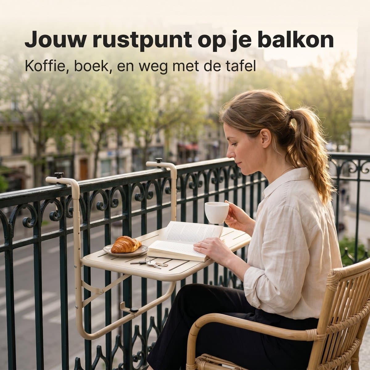 Lomera Balkontafel Hangend - Inklapbaar - Hangtafel - Klaptafel - Balkon Tafel voor Reling - in Hoogte Verstelbaar - Opklapbaar - Balkonbar - Bijzettafel Buiten - Weerbestendig - Tuintafel - Mat Beige thumbnail 5