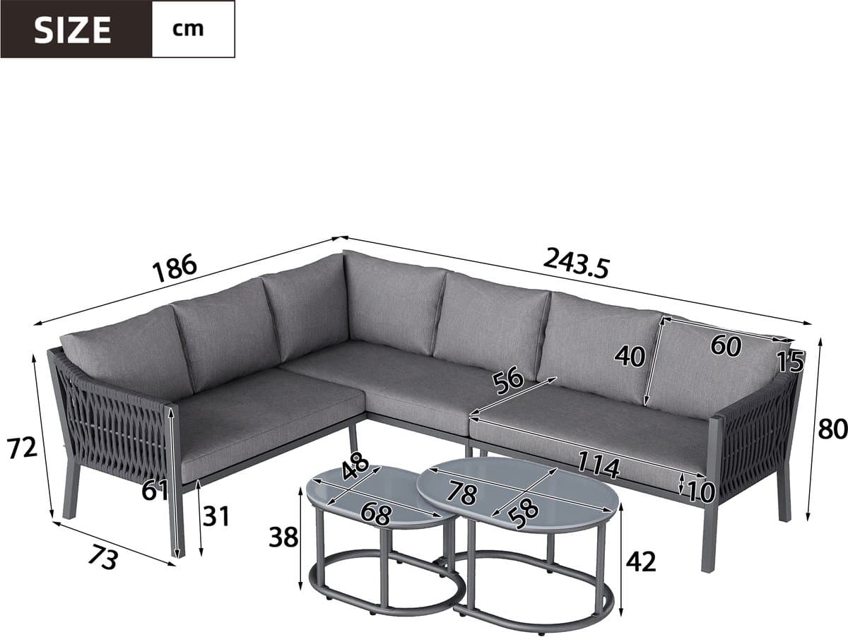 Tuin eettafel en stoelen set - voor 6 personen - hoekig - glazen tafelblad - handgeweven touw - twee koffietafels en een bank - grijs thumbnail 4