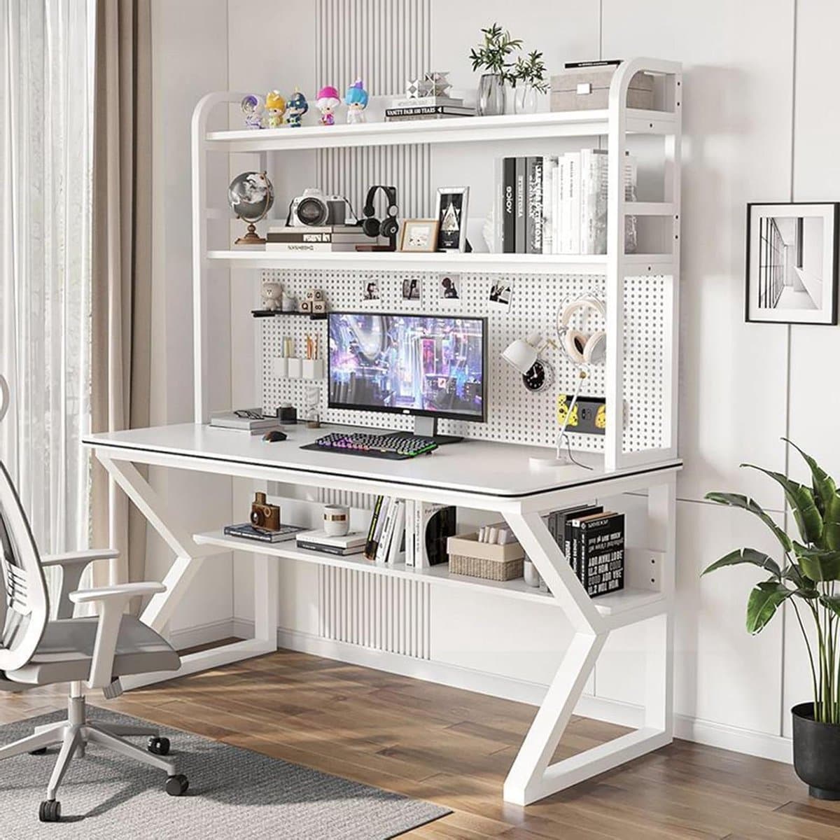 Bureau met opbergkast - Werktafel met plank - Thuiswerken organiseren - Stabiele K-vormige poten - 80x60x170cm - Wit - afbeelding 1