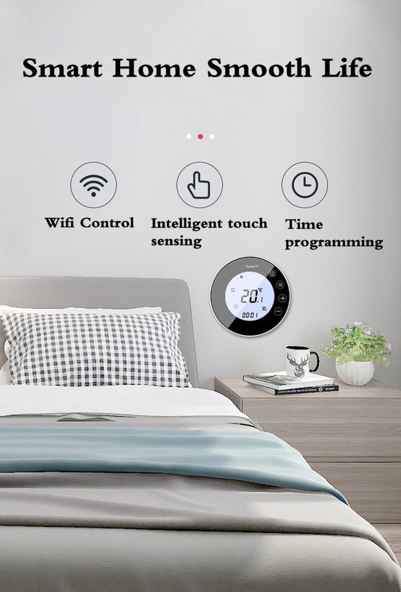 TechU™ Smart Thermostaat Round – Zwart met Witte Rand – Alleen voor Elektrische Vloerverwarming – Wifi & App – Google Assistant & Alexa – Persoonlijk programma instelbaar thumbnail 4