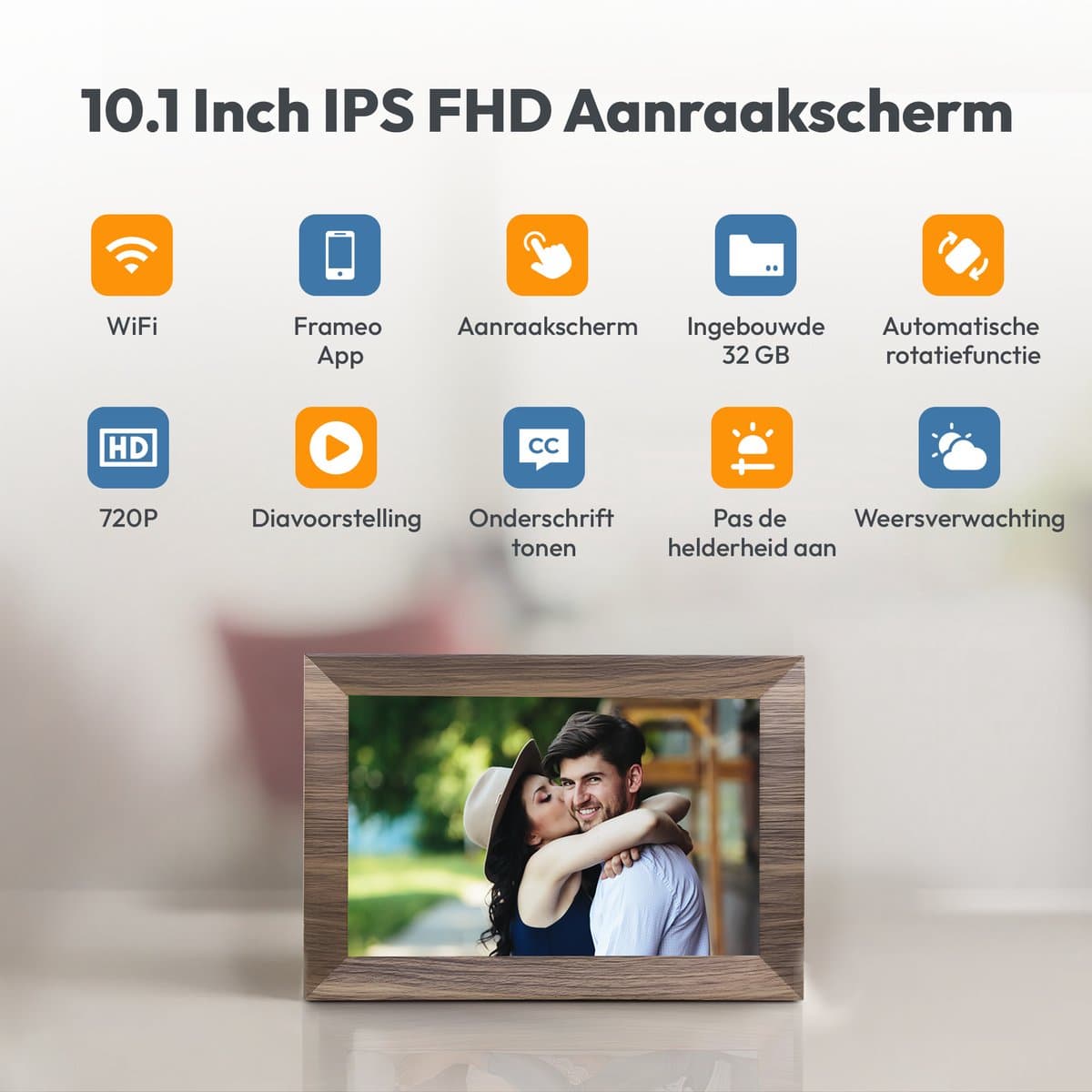 Digitale fotolijst met WiFi en Frameo App - 10.1 inch HD+ IPS Display - Fotokader met Touchscreen - 32GB - Walnoot kleur - Frameo digitale fotolijst - digitale fotokader - digitaal fotolijstje thumbnail 4