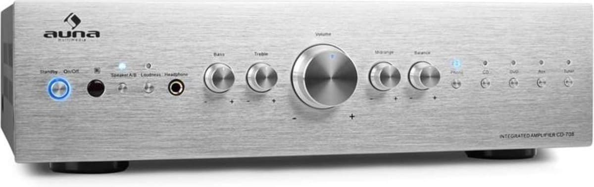 Auna Versterker, HiFi Stereo Mini Versterker, HiFi-versterker met Bass- en Treble-regelaar, 2-kanaals Audioversterker, Stereo Versterker voor Luidsprekers met Afstandsbediening, AUX, AV-receiver voor MP3 & CD