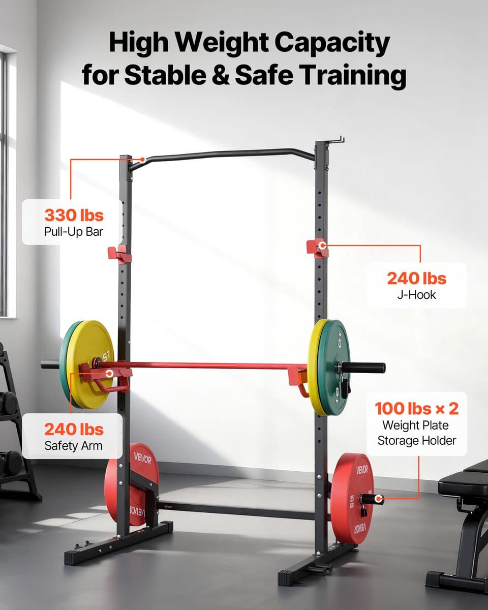 VEVOR Power Cage Squat Rack, 454 KG Draagvermogen, Multifunctioneel Krachtrek voor Thuisgym met 4 Bandhouders, Verstelbare J-Haak en Veiligheidsstangen voor Pull-Ups met Halterstang. thumbnail 8