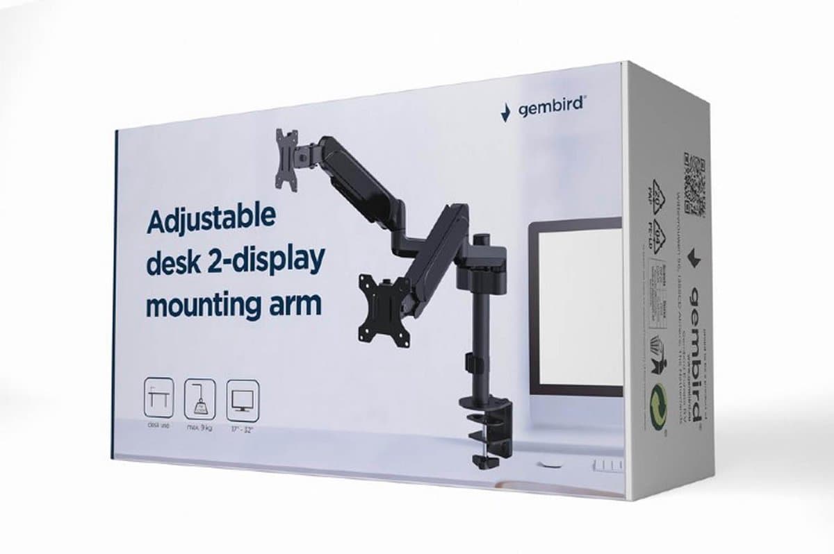 Gembird Bureau Monitorarm voor Dubbele Monitoren, 17–32 Inch, Tot 9 kg per Monitor, Volledige Beweging, 360° Rotatie, 35° Kantelbaar, 90° Zwenkbaar, VESA-compatibel, Ingebouwde Kabelbeheer, Zwart thumbnail 2