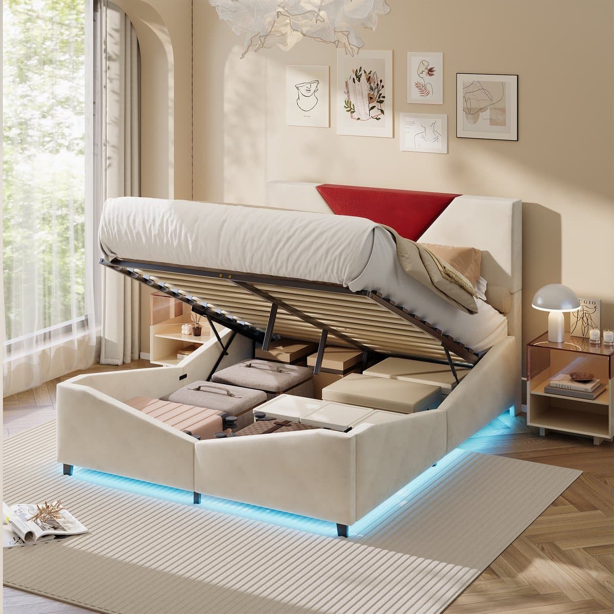 Velours tweepersoonsbed 160x200 cm met geïntegreerde LED-vloerverlichting en gasveermechanisme voor opbergruimte, modern slaapkamerdesign met zacht comfort, beige thumbnail 4