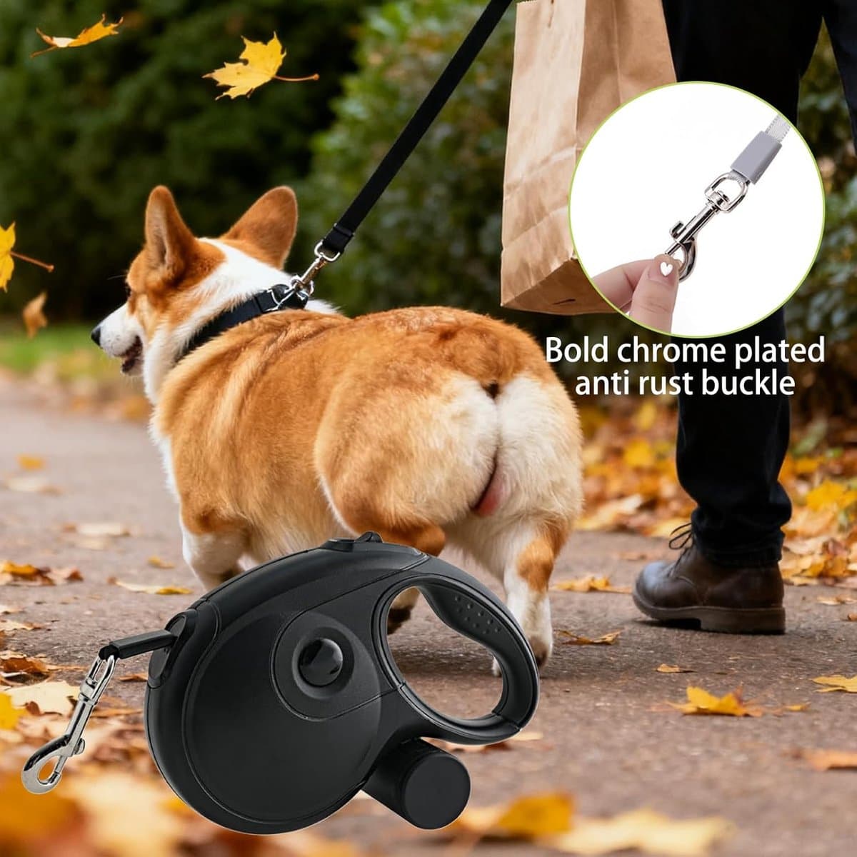 Intrekbare Hondentuig - Rollijn Uitschuifbaar - Honden Uitlaten - 8 Meter Lengte Anti-knoop - Incl. Poepzakjes - Zwart thumbnail 2