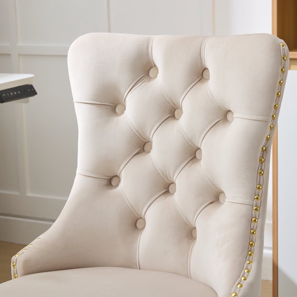 HAUSS SPOLE Bureaustoel – Luxe Fluwelen Design – Verstelbaar En Draaibaar Met Brede Zitting En Goudkleurige Metalen Voet – Voor Thuiswerk En Kantoor – Beige thumbnail 8