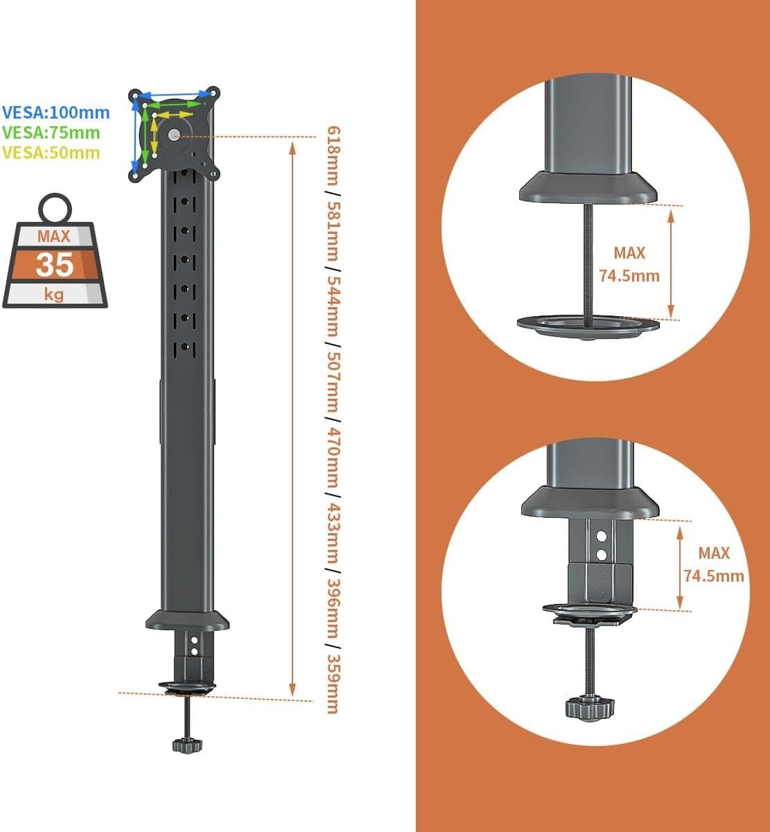 Enkele Monitor Arm voor Bureau, Verstelbaar voor Schermen 27 tot 43 Inch, Zwart thumbnail 7
