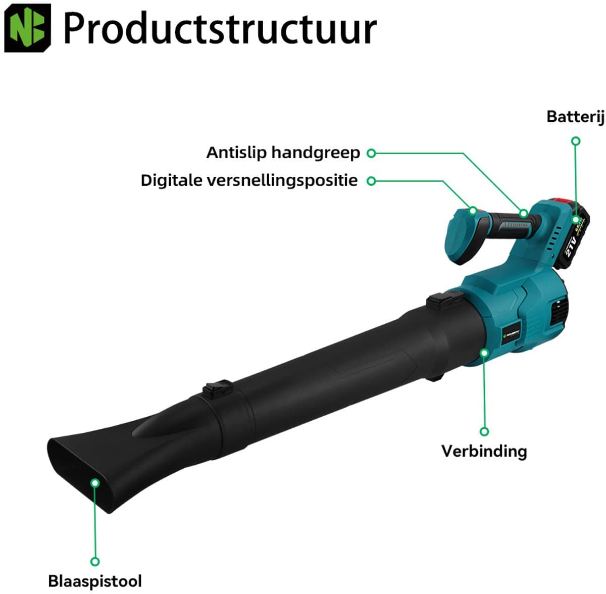 NewBeny Accu Bladblazer - 288 km/u Elektrische Bladblazer - 6 versnellingen - Borsteloze motor - met 2x accu's - voor Tuinonderhoud, Oprit, Bladeren, Stof en Sneeuw thumbnail 6