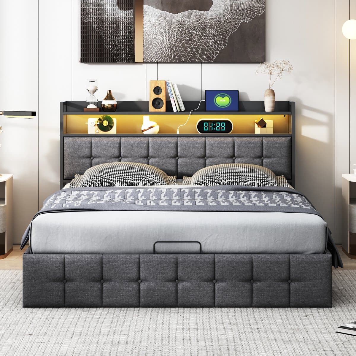 Tweepersoonsbed 160x200 cm – LED Hydraulisch Opbergbed met USB & Type-C, Hoofdbord met Verlichting, Grijs, Linnen thumbnail 8