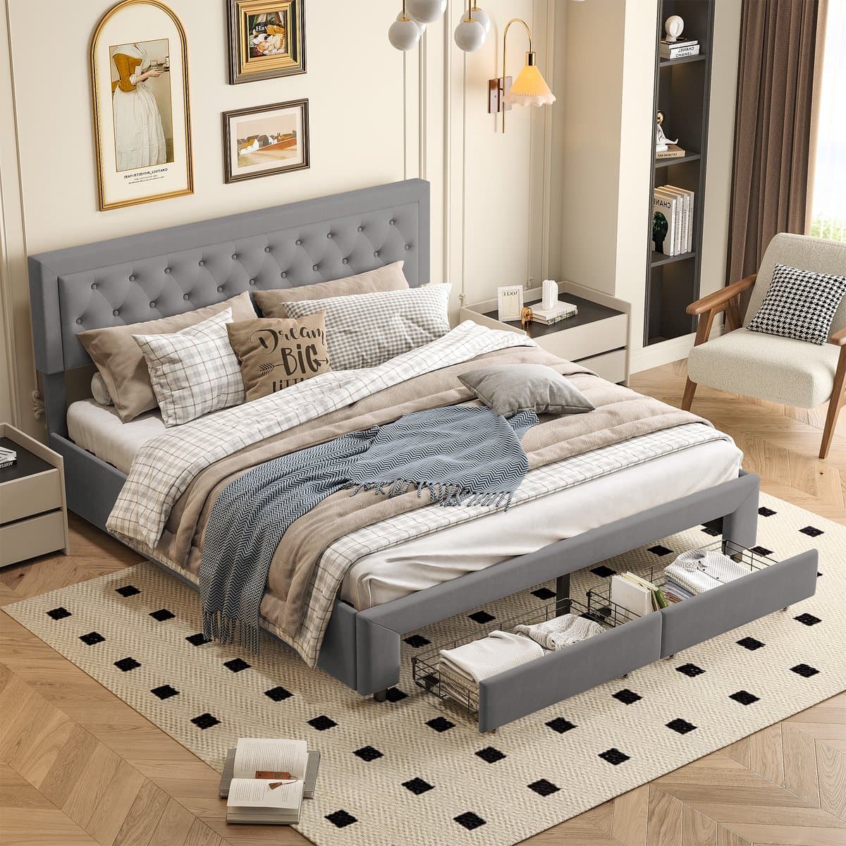 Bed Opbergbed 180x200, Hoofdeinde met Opbergfunctie, Tweepersoonsbed met Lattenbodem, Hydraulisch Bedframe met Opbergruimte, grijs thumbnail 6