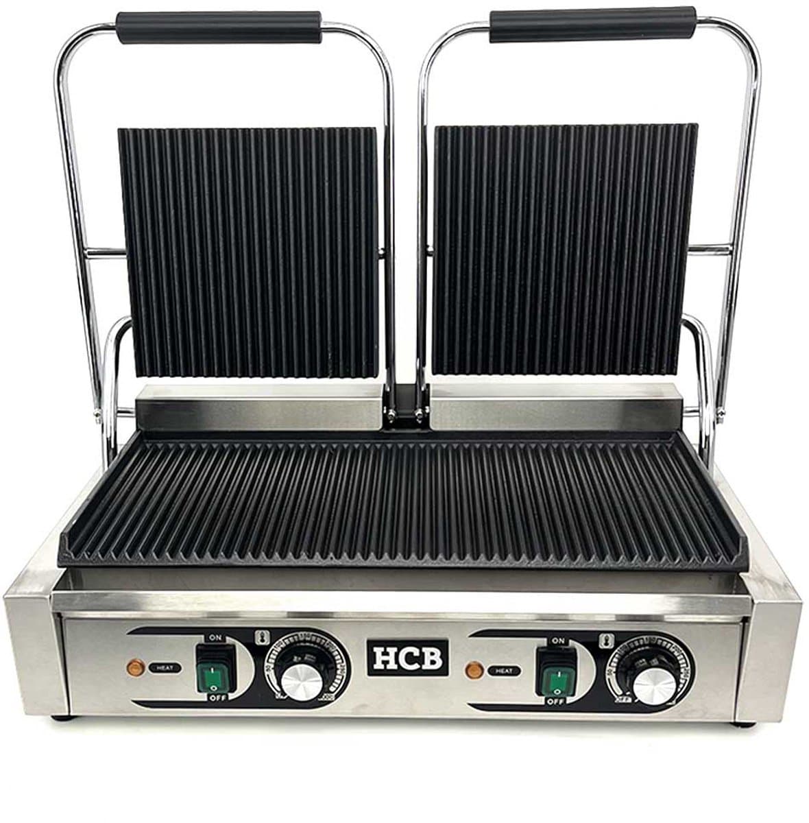 HCB® - Professionele Horeca Paninigrill - dubbel - geribbeld - 2 x 230V - RVS / INOX panini grill - Tosti apparaat - contact grill - 30.5x56.5x20 cm (DxBxH) - 20 kg - 8734 thumbnail 2