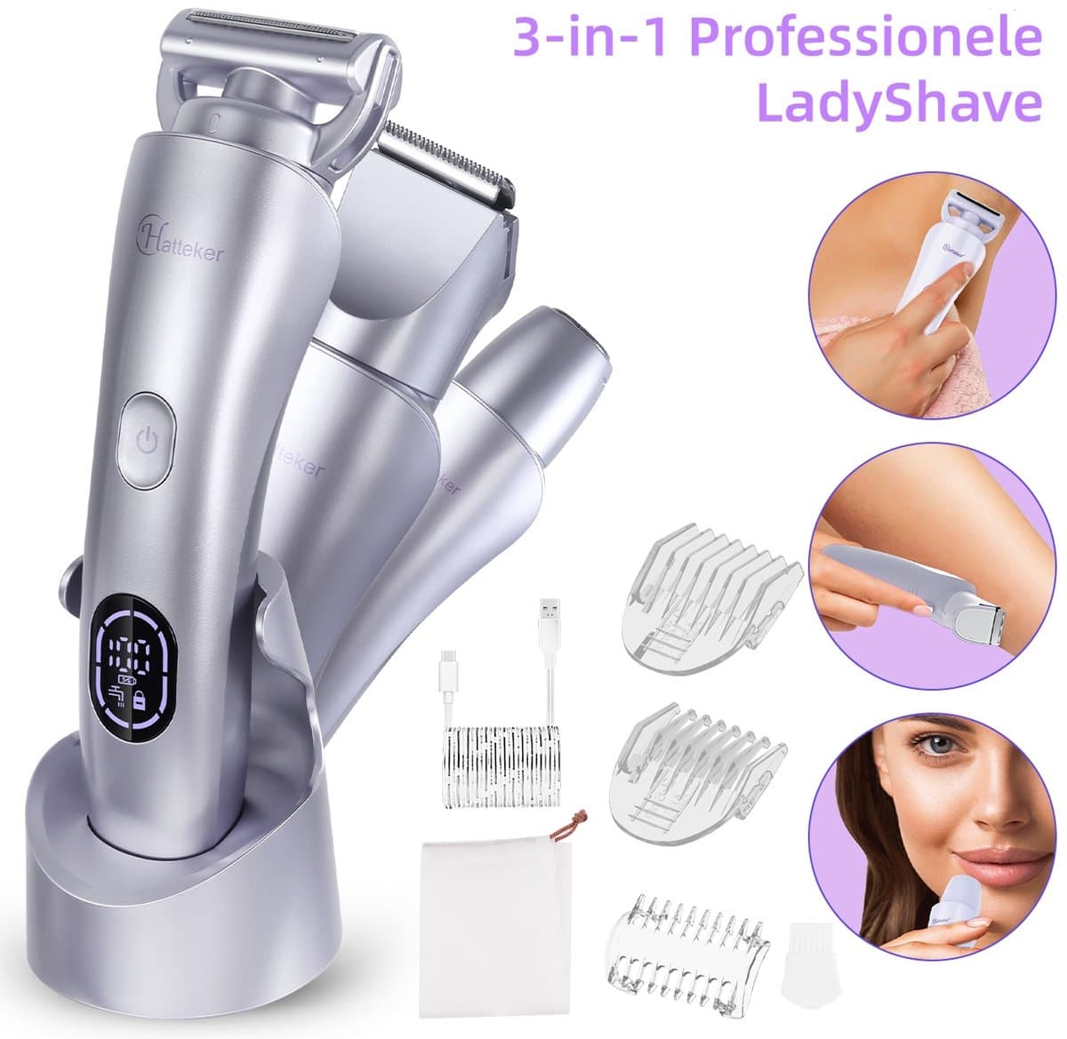 Hatteker 3-in-1 Ladyshave voor Vrouwen – Dames Scheerapparaat – Epileerapparaat – Trimmer voor Benen, Bikinilijn en Oksels – Epilator – Waterdicht IPX7 – Paarse thumbnail 7