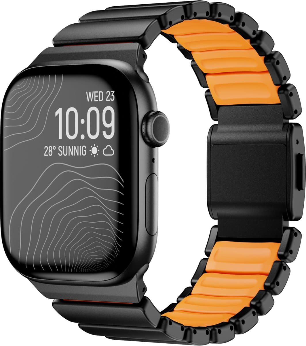 Stravo Premium Magnetisch Titanium Horlogeband met Siliconen Binnenlaag voor Apple Watch 46mm (Series 10/11) / 45mm (Series 7/8/9) / 44mm (Series 4/5/6/SE) / 49mm (Ultra 1/2/3) – Luxe bandje - Zwart / oranje