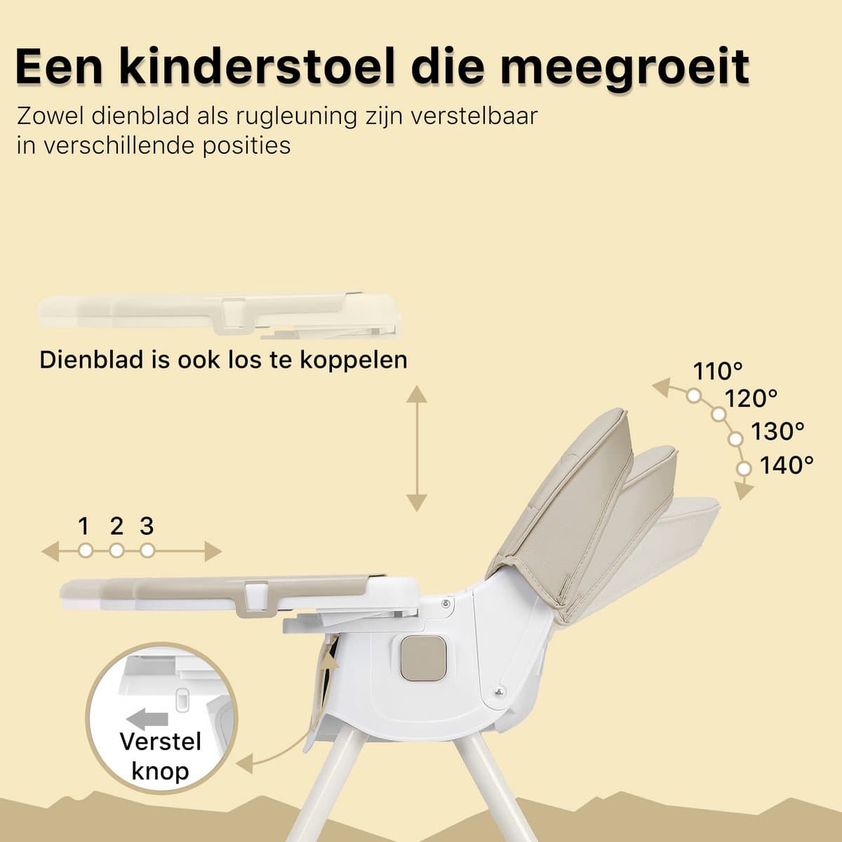 Phreeze Kinderstoel - Inklapbaar - Meegroeistoel 6 t/m 72 maanden - Afneembare Wielen - Eetstoel Baby & Peuter - Ook als Loopstoel, Wipstoel, Babystoel aan tafel / voor eten / thuis - Beige thumbnail 6