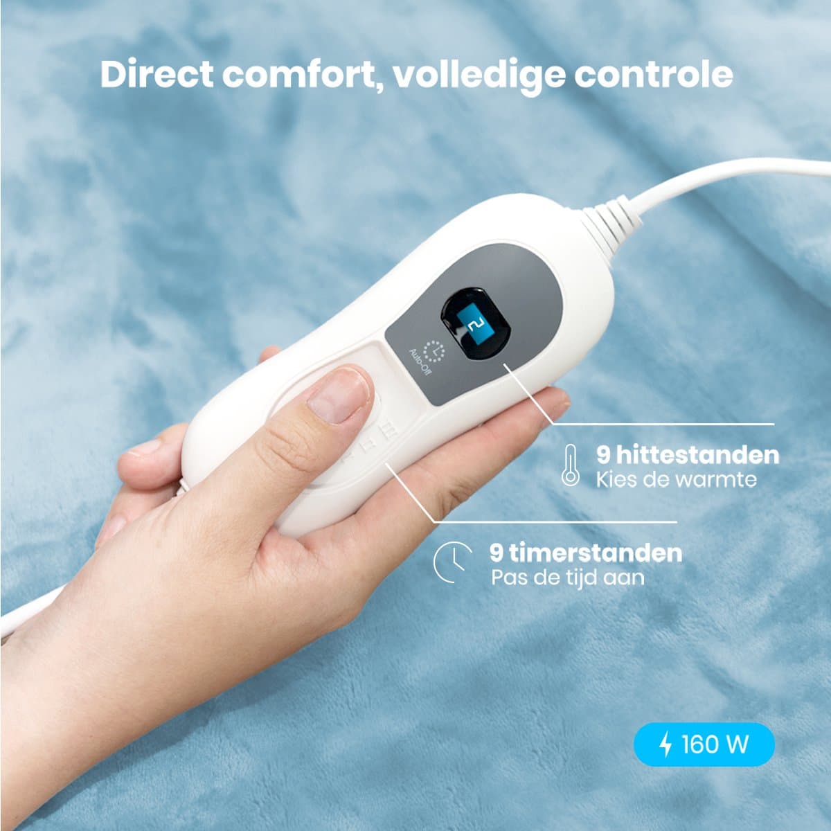 Auronic Elektrische Deken - 160 x 120 cm - 1 Persoons Warmtedeken - 3 Warmtestanden met Timer - Verwarmingsdeken - Lichtblauw thumbnail 3