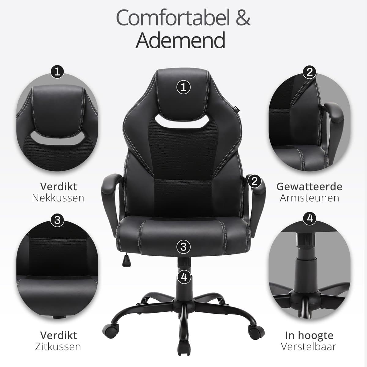Meisterhome® Ergonomische bureaustoel - Metalen Onderstel - met wieltjes - - Gamestoel – Draaistoel – Wipfunctie – Hoogteverstelling - Gevoerde armleuningen - Executive stoel - Zwart thumbnail 4