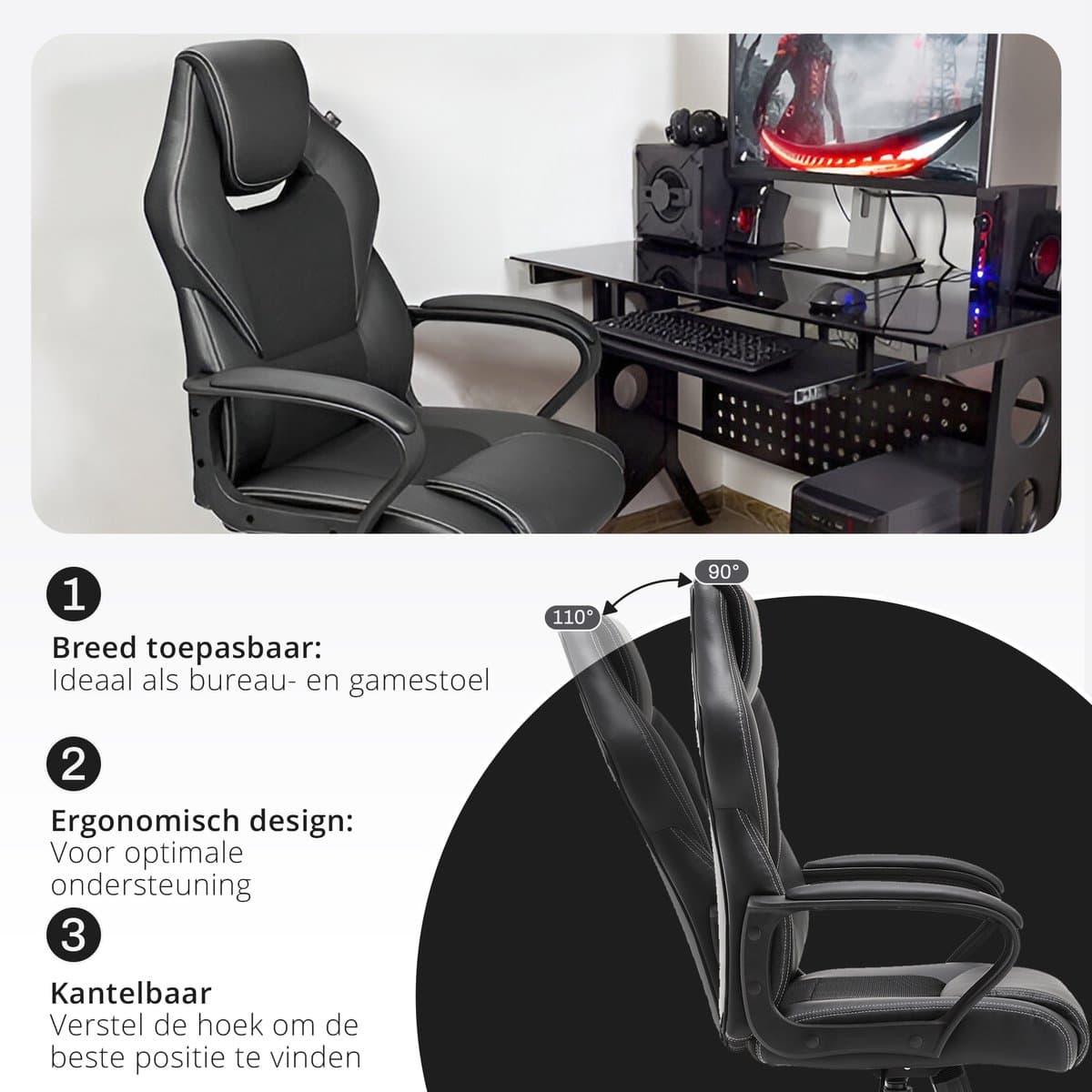 Meisterhome® Ergonomische bureaustoel - Metalen Onderstel - met wieltjes - - Gamestoel – Draaistoel – Wipfunctie – Hoogteverstelling - Gevoerde armleuningen - Executive stoel - Zwart thumbnail 3