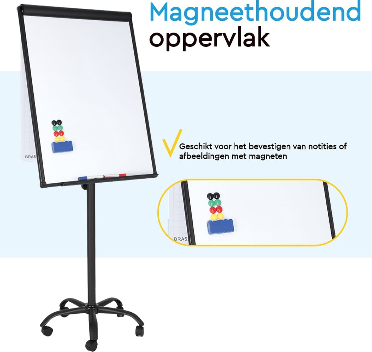 BRASQ Flipover Verrijdbaar - 70x100 cm - Verstelbaar Whiteboard - Inclusief 25 vellen papier, 4 Stiften, 8 Magneten, Wisser - Flipover met Papierklem en Haken - Magnetisch bord - Magneetbord - Zwart thumbnail 4