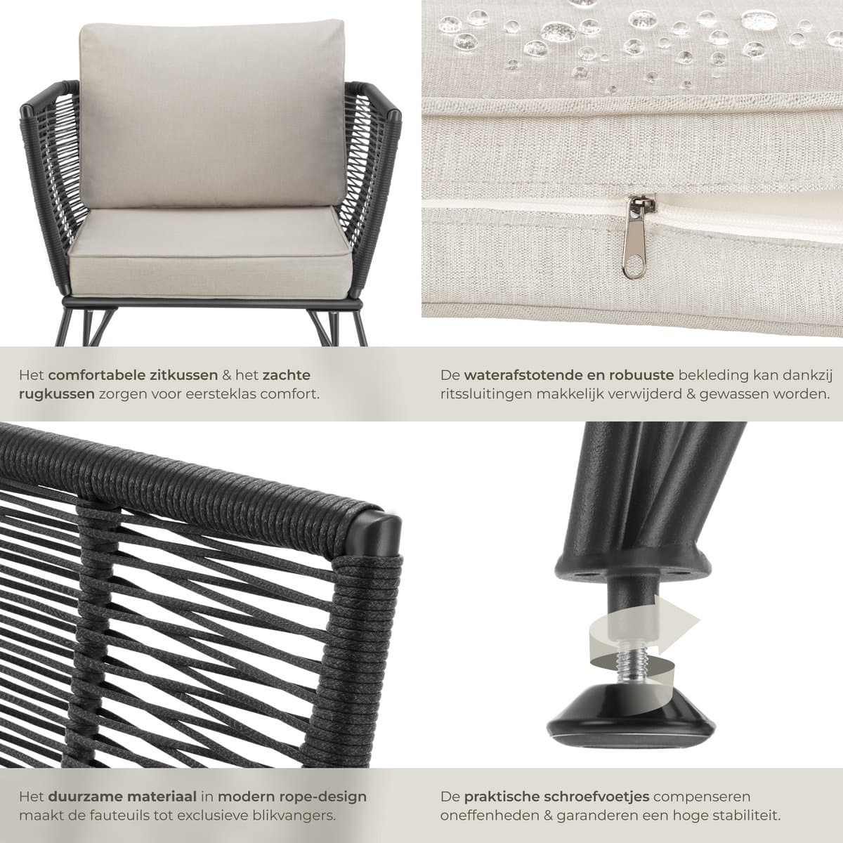 tectake® Loungestoelen Sundo - 4 Fauteuils voor Tuinset, Balkonset of Terras - Wicker Tuinstoelen Set in Rope-Design - Weerbestendig - Inclusief Kussens - Loungestoel Buiten - Loungeset Tuinmeubels thumbnail 3