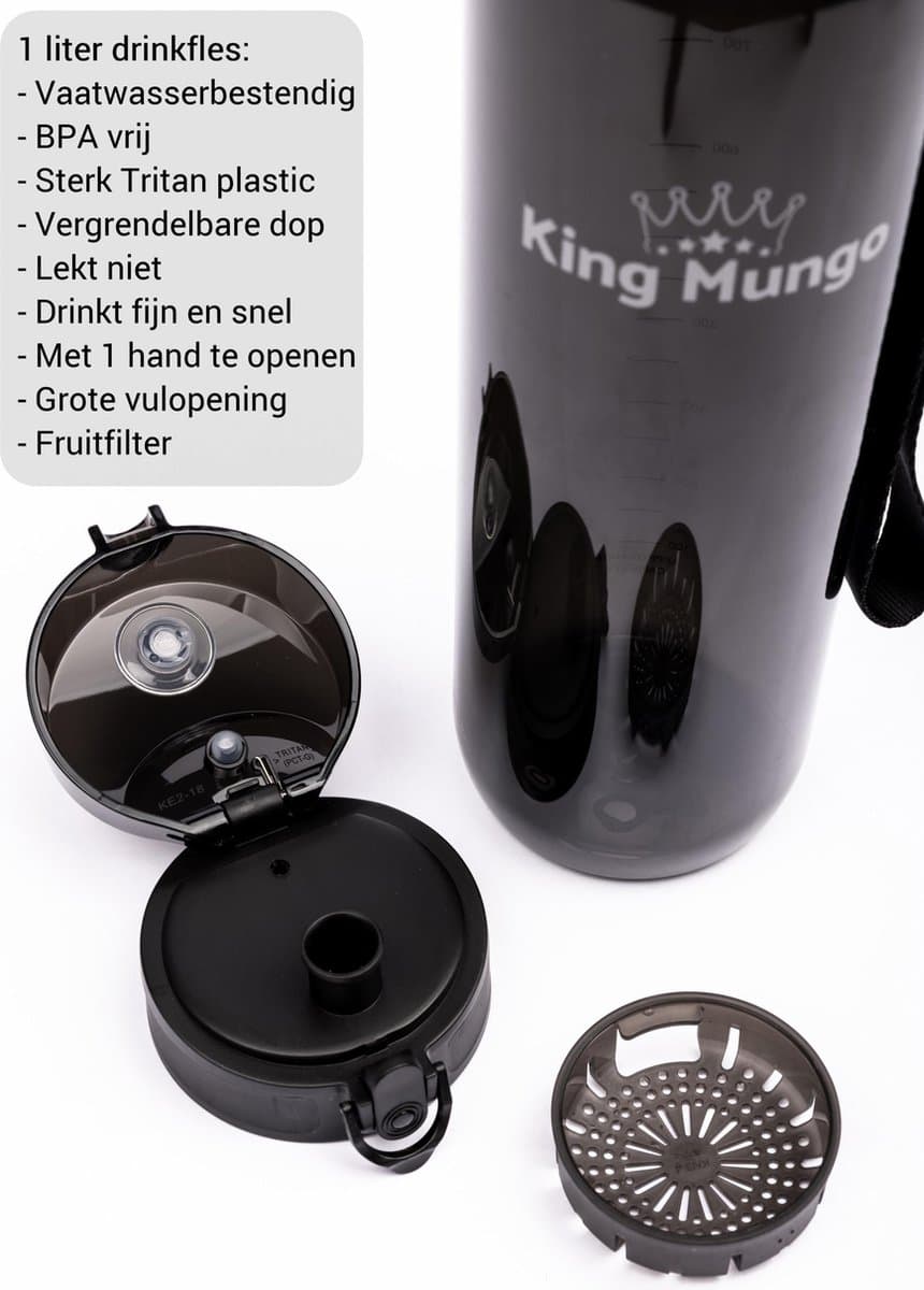King Mungo Drinkfles 1 Liter voor Volwassenen - 100% Lekvrij & BPA-vrij Tritan - Vaatwasserbestendig - Waterfles & Sport Bidon Zonder Rietje - Transparant Zwart - 1000ml met Fruitfilter thumbnail 2