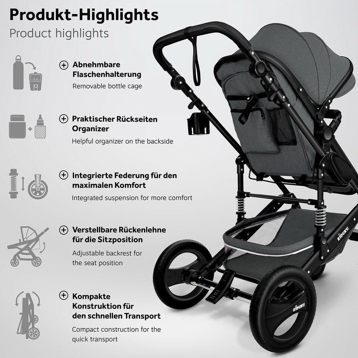 KIDUKU- 3 in 1 combi-kinderwagen- antraciet/zwart buggy incl. autostoeltje-regenhoes- inklapbaar thumbnail 6