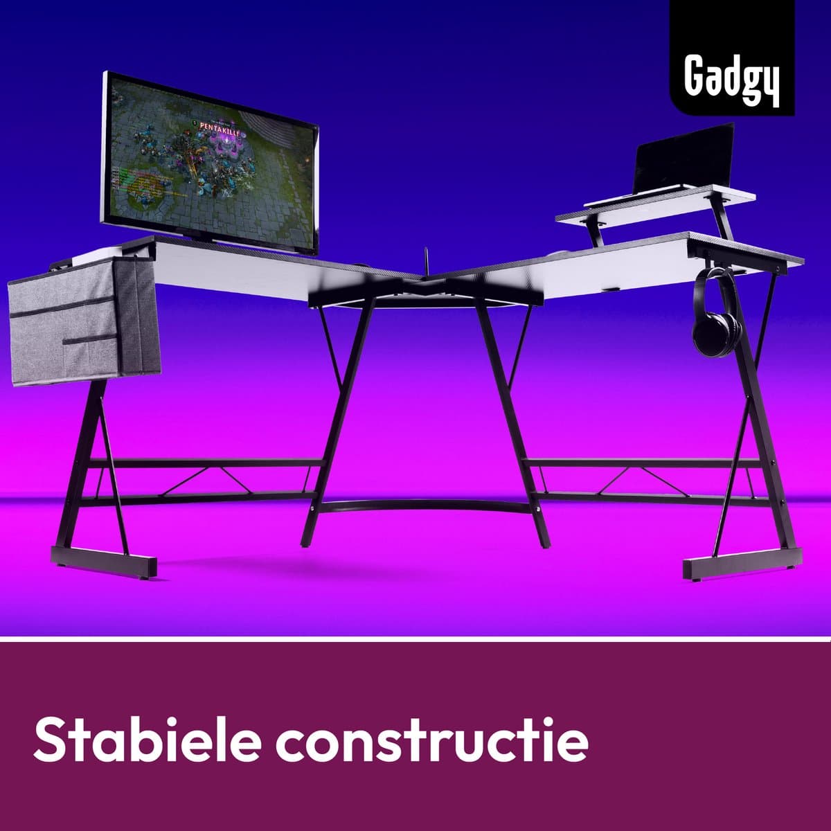 Gadgy Gaming Bureau Carbon PRO - Game HoekBureau 130 CM Breed - Game Bureau met Carbon Details - Gaming Desk met Koptelefoonhouder, Scherm Verhoging & Opbergmand - Level Up met Gadgy - Zwart Carbon thumbnail 4