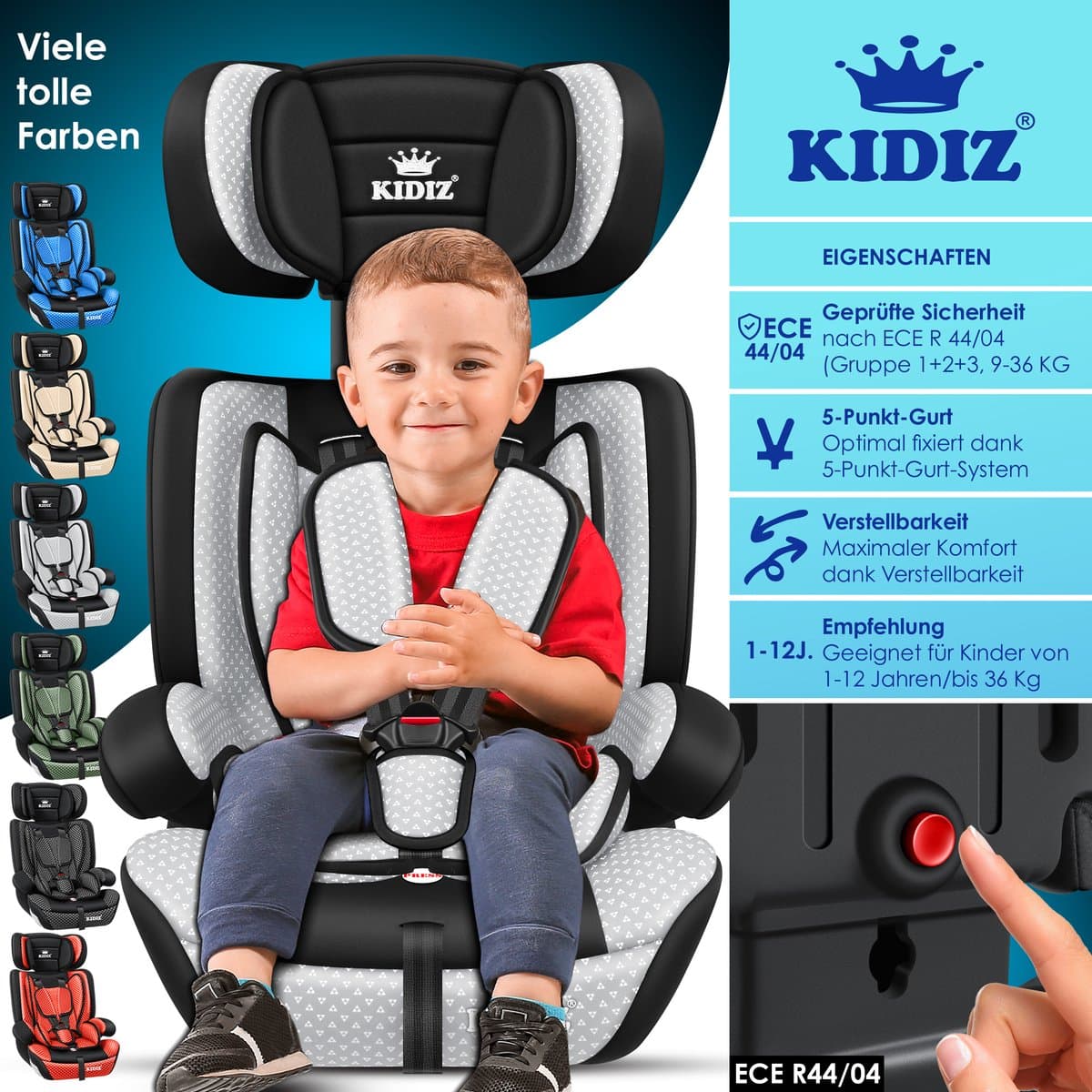 KIDIZ® kinderautostoeltje | kuip autostoeltje | 9 kg - 36 kg 1-12 jaar | groep 1/2 / 3 | universeel | goedgekeurd volgens ECE R44/04 | 6 verschillende kleuren | - Grijs thumbnail 8