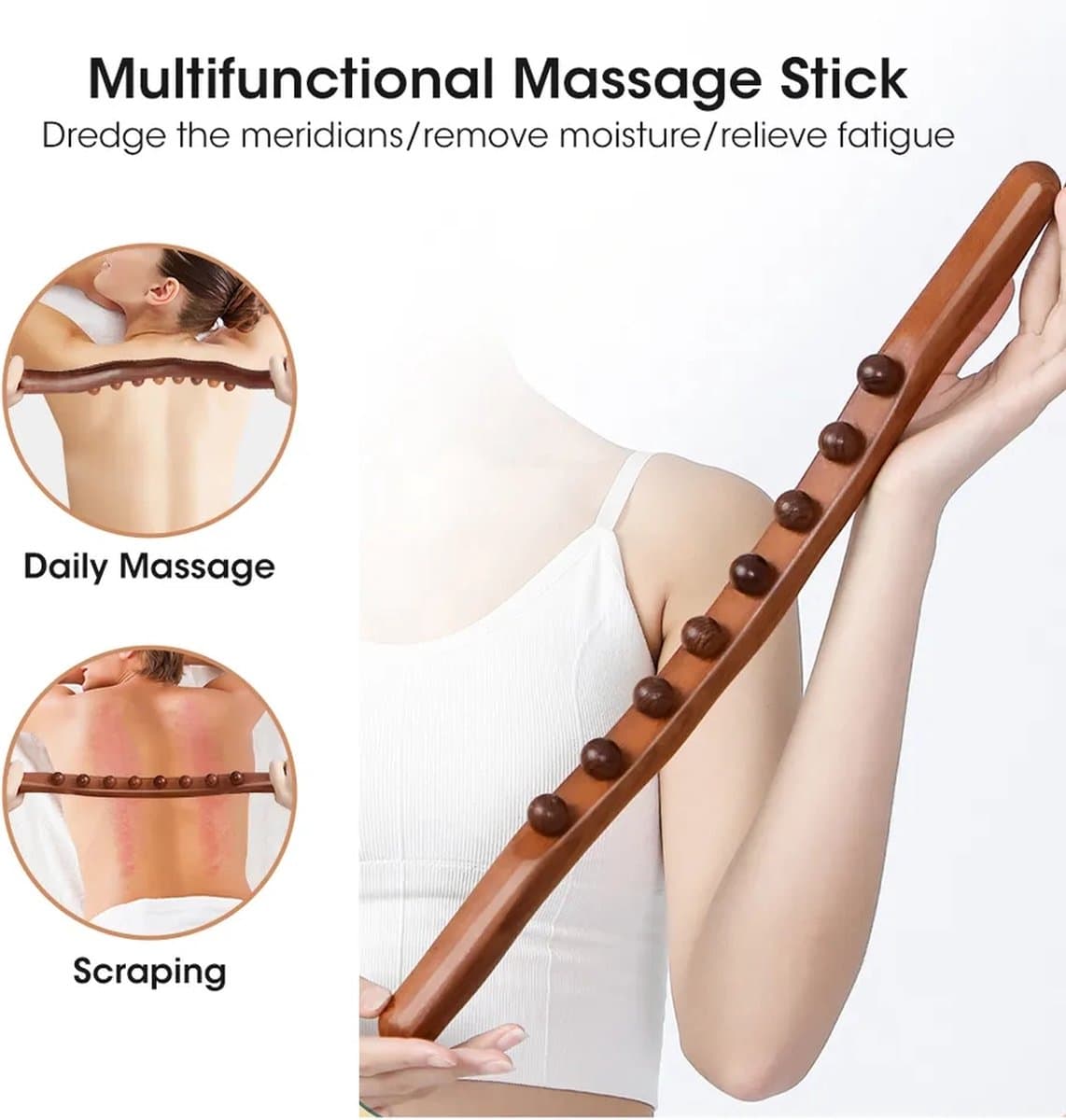 Massage - Massage Apparaat - Voor Rug, Nek, Schouder, Buik, Taille, Armen, Benen, etc. - Massage Stok Hout - Gua Sha Massage Tool - Houten Massage Stok - 8 Massage Ballen - 1 Stuk - Bruin Hout